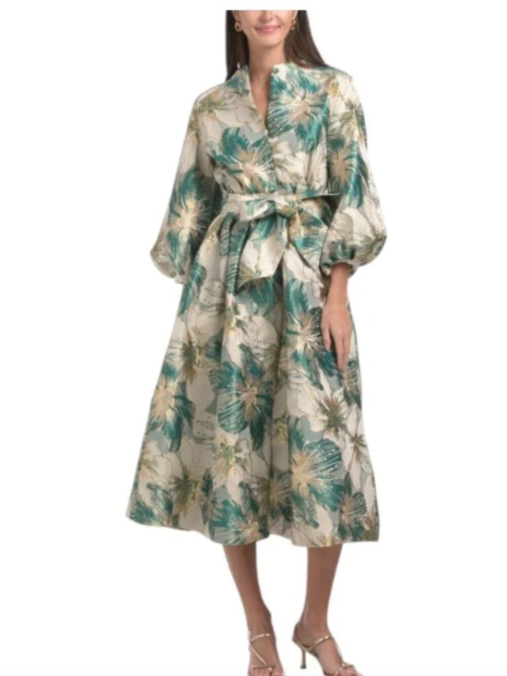 Nancy Yang Brocade Metallic Floral Print Button Down Midi Dress Puffed Sleeves L